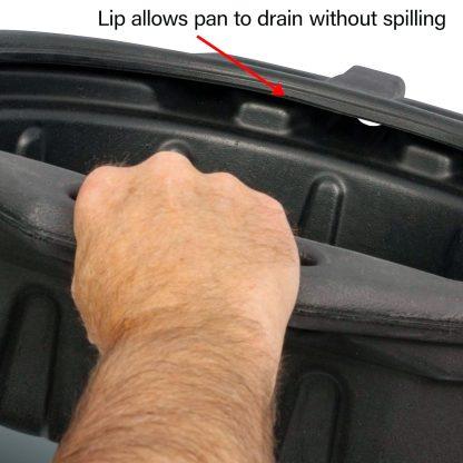 Oil Pan with spout cap and wide lip prevents pour out or overflow